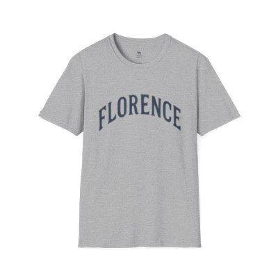 Vintage-style Florence Alabama t-shirt with arched college font on a soft gray unisex tee